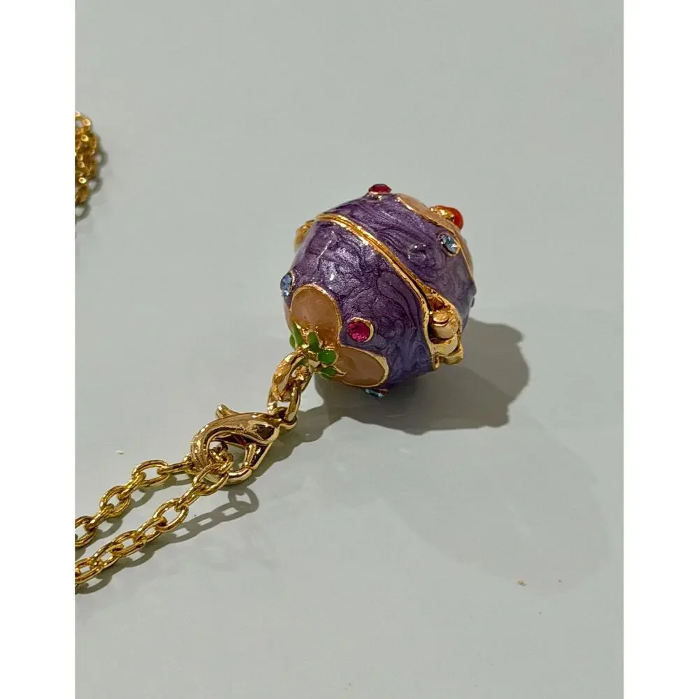 Vintage Joan Rivers Faberge Style Egg Locket Necklace • Purple Enamel • Gold Pl